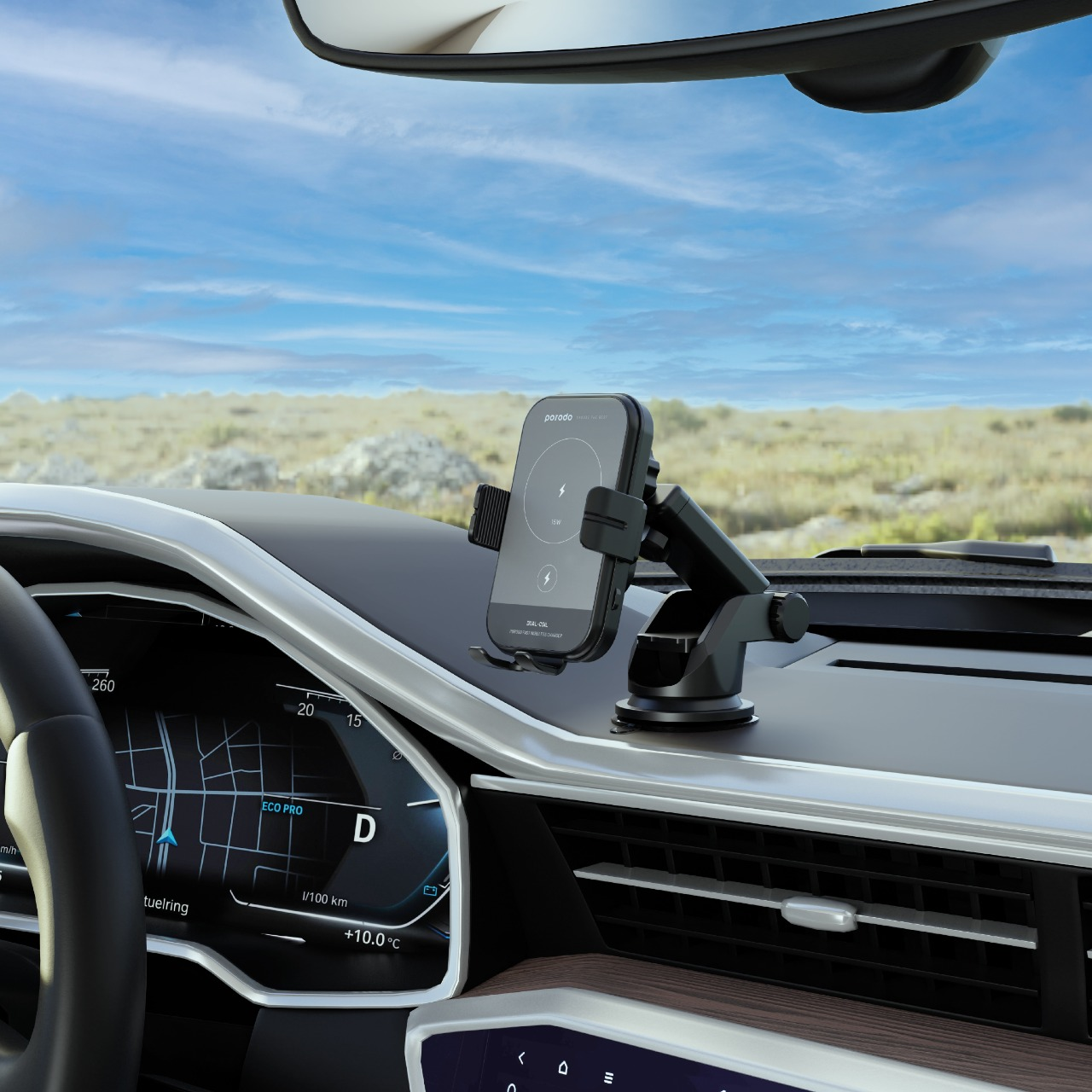 فروشگاه آنلاین نخلینو   - پایه ی نگهدارنده ی شارژر وایرلس ۱۵ وات پرودو Porodo 3 in 1 Car Charger Mount 15W With QC3.0 Car Charger