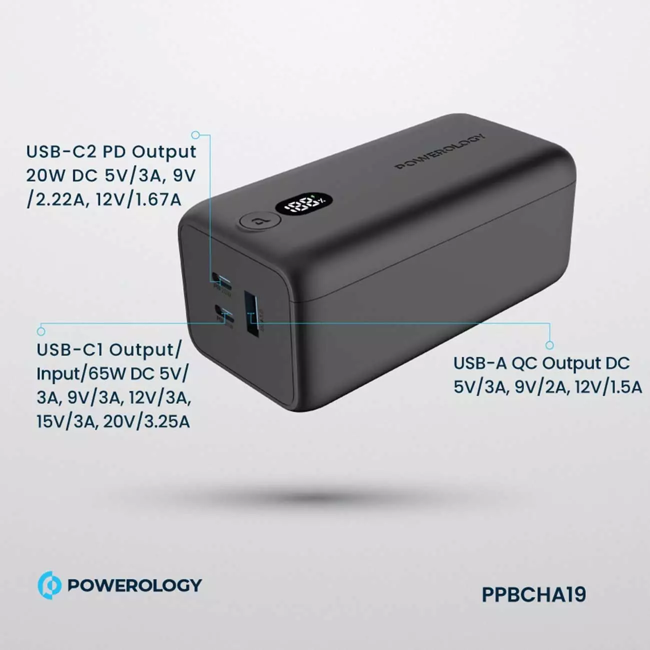 فروشگاه آنلاین نخلینو   - پاوربانک 20000 میلی آمپر پاورولوژی Powerology 20000mAh 65W Onyx Power Bank 